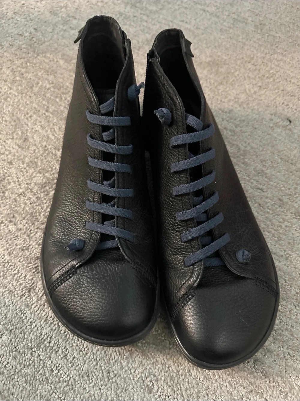 Camper Men's Black Leather Boat Shoes with Dark Blue Laces